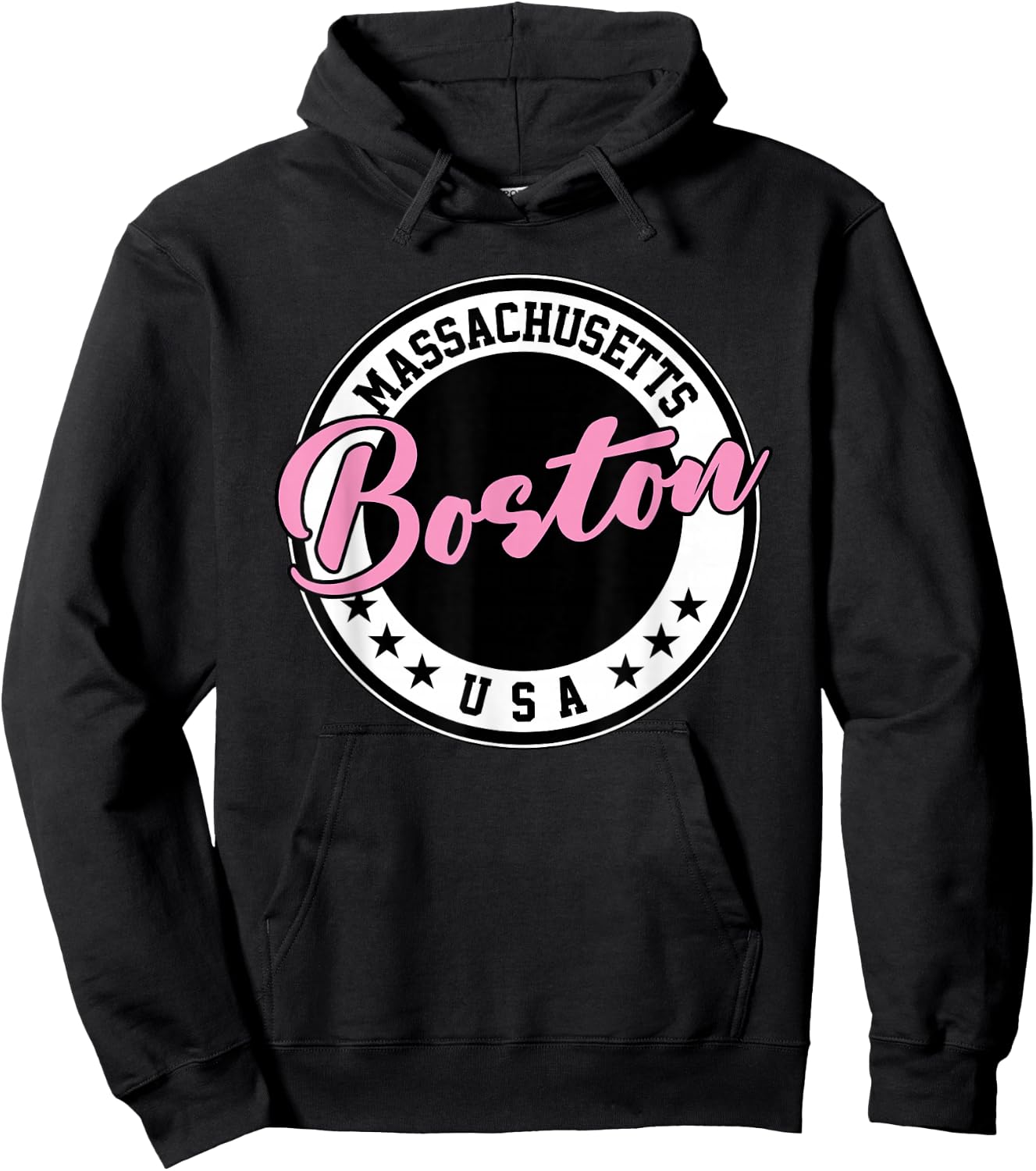 Boston Massachusetts Script Circle Pink Text Hoodie - Hoodie | Black