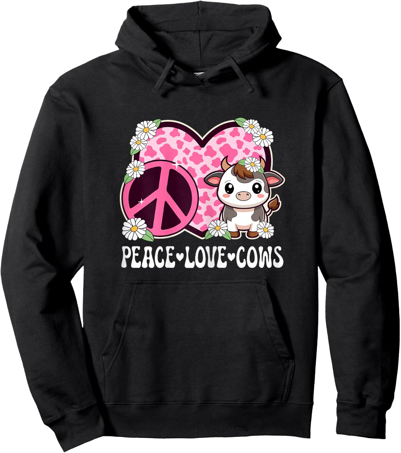Peace Love Cows Women Cow Print Cute Cow Girls Cow Lover Cow Hoodie - Hoodie | Black