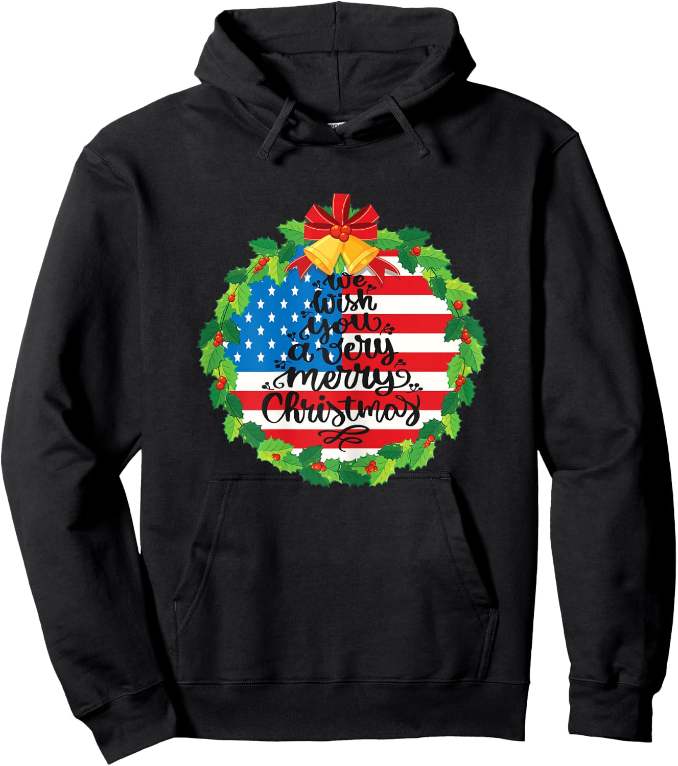 Merry Christmas Wreath Bells Funny Usa Flag Beautiful Cute Hoodie - Hoodie | Black