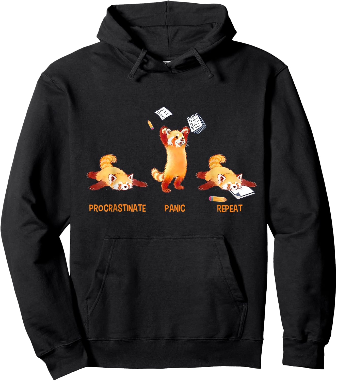 Procrastinate Panic Repeat Funny Deadline Cute Red Panda Hoodie - Hoodie | Black