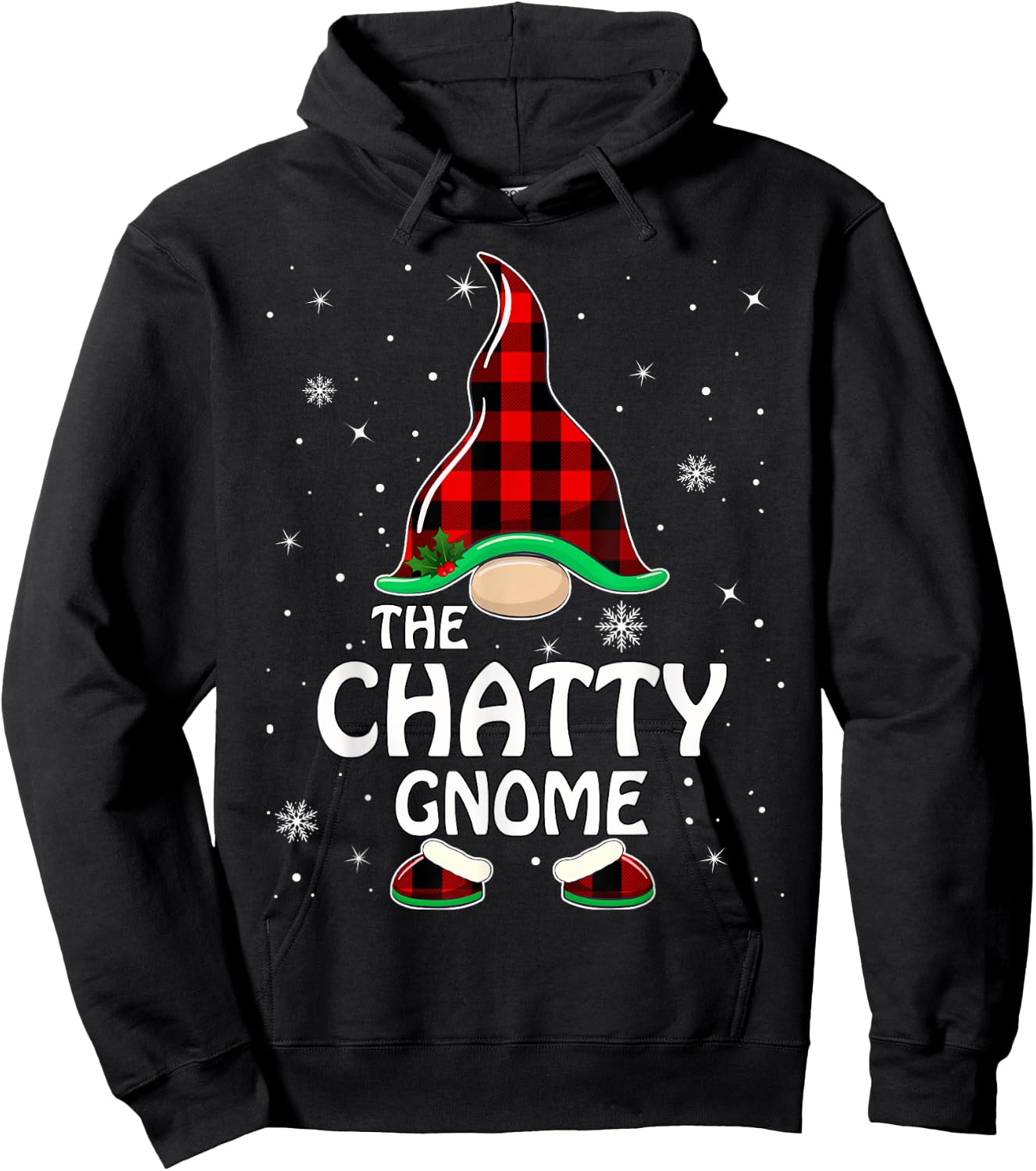 Chatty Gnome Buffalo Plaid Matching Family Christmas Pajama Hoodie - Hoodie | Black