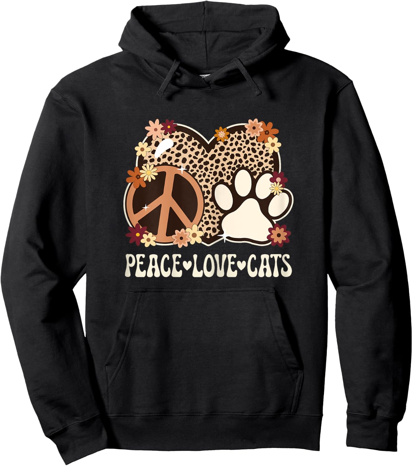 Peace Love Cats Cheetah Print Women Girl Cat Owner Cat Lover Hoodie - Hoodie | Black