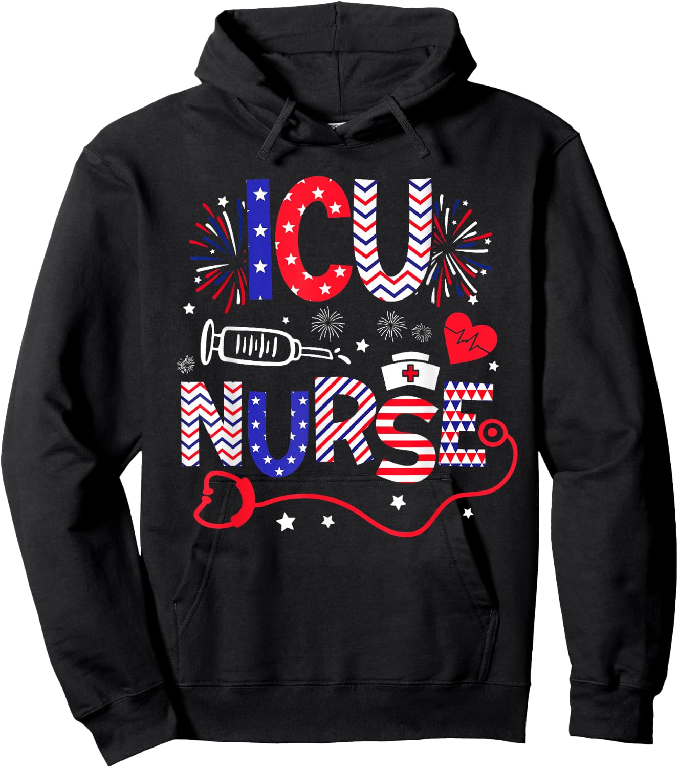 ICU Nurse 4th Of July Patriotic American Flag Stethoscope Hoodie - Hoodie | Black