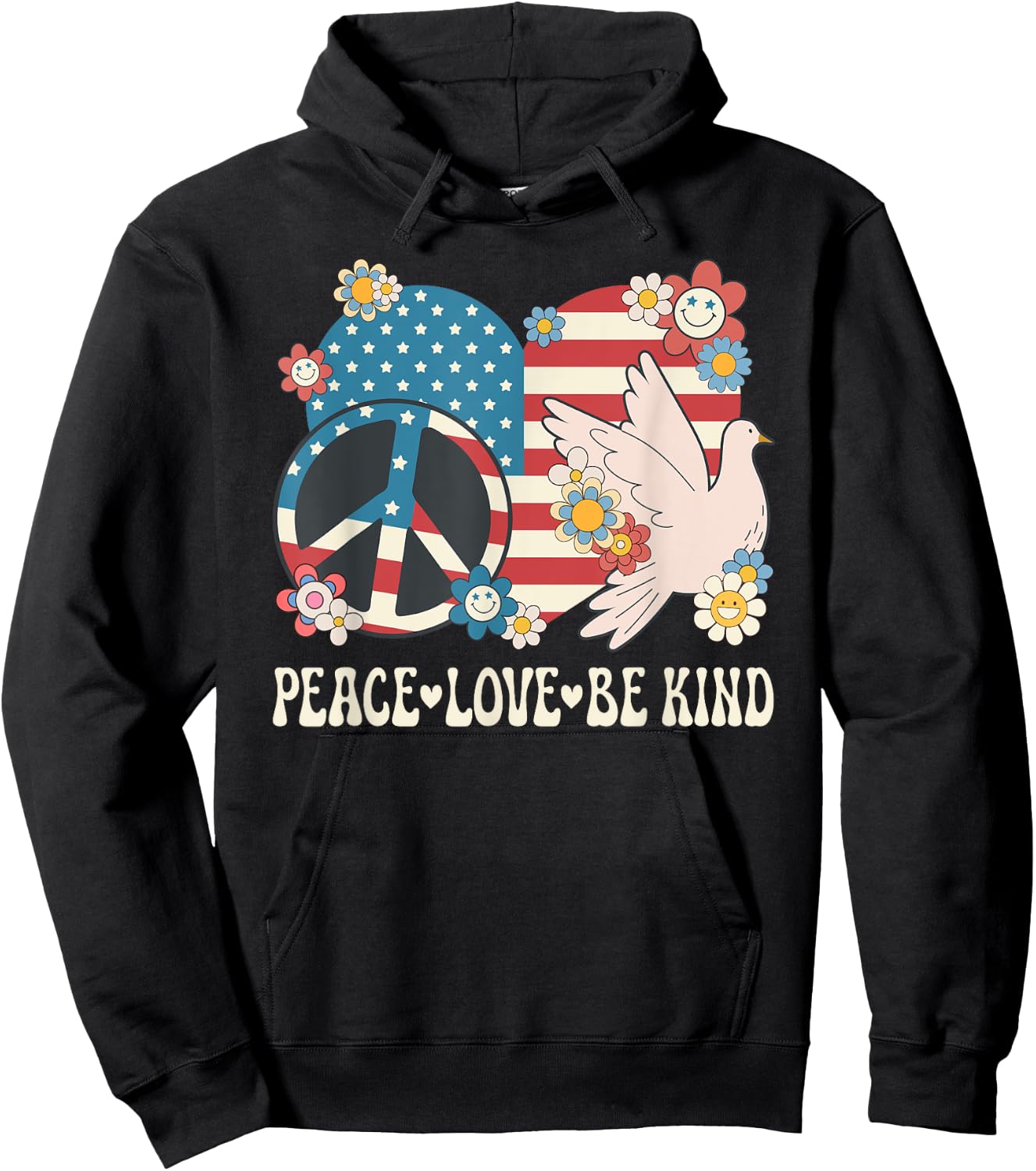 Peace Love Be Kind American Flag Patriotic Women Kindness Hoodie - Hoodie | Black