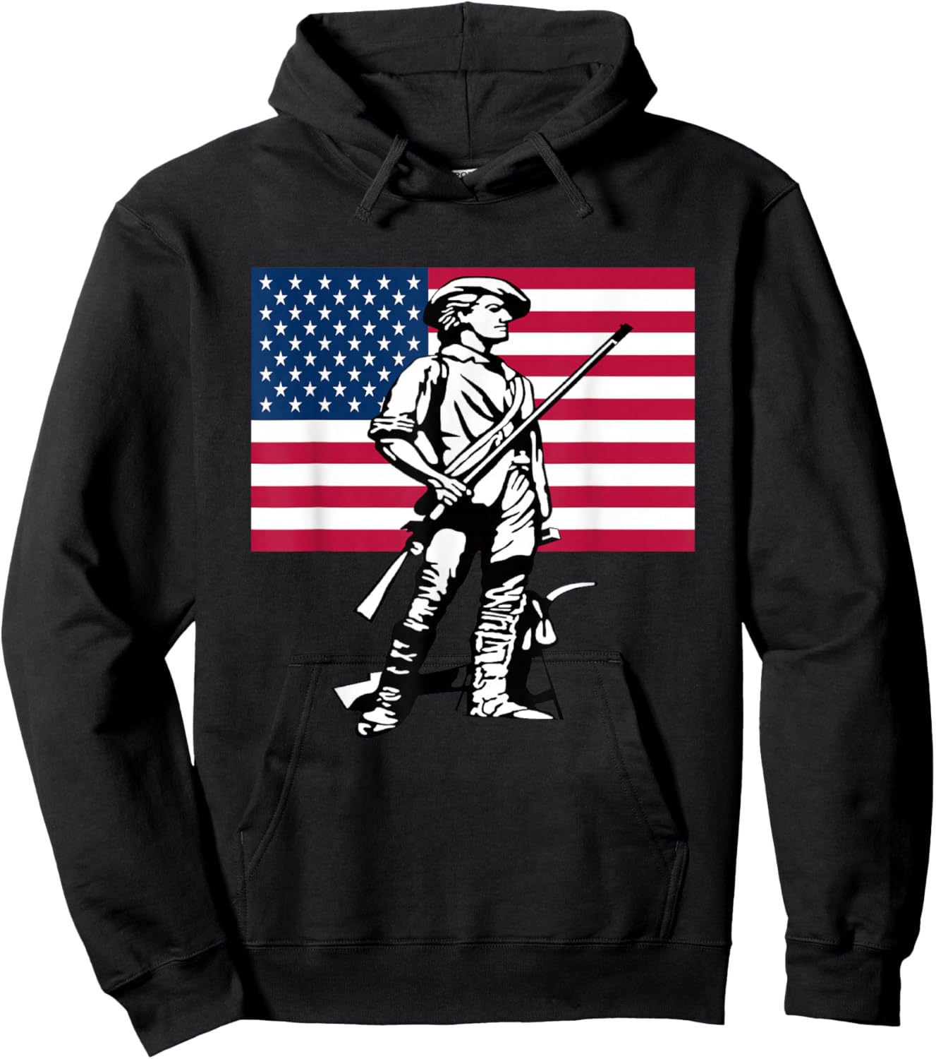 Minute Man Statue with American Flag Backdrop Hoodie - Hoodie | Black