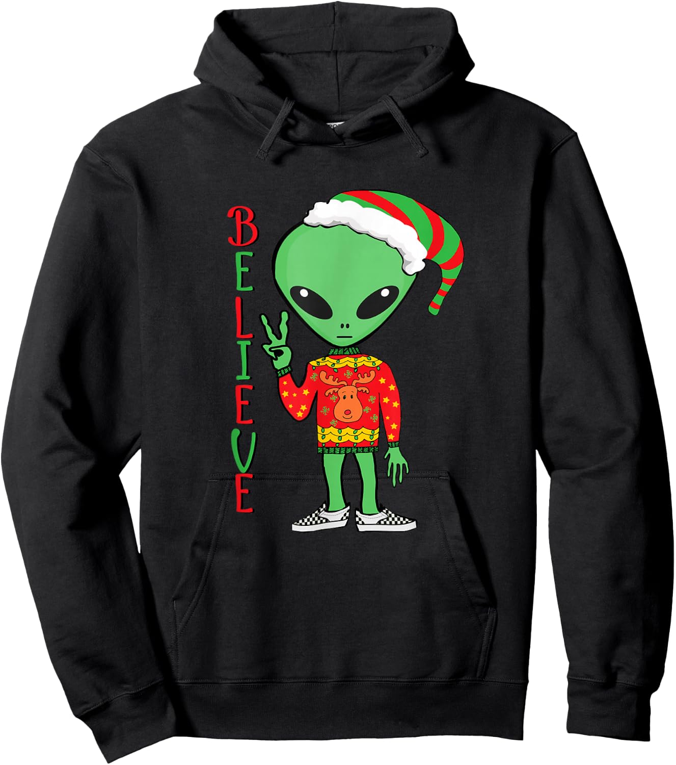 Funny Christmas Alien Ugly Sweater I Believe Santa Hat Gift Hoodie - Hoodie | Black