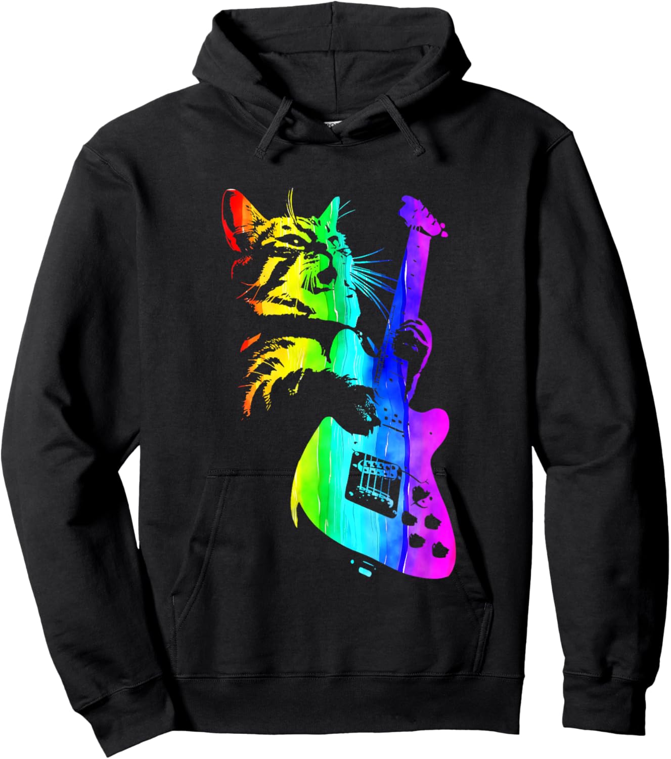 Funny HOUSE CAT Rainbow DJ Cat Kitty Rock Cat Playing Guitar Hoodie - Hoodie | Black