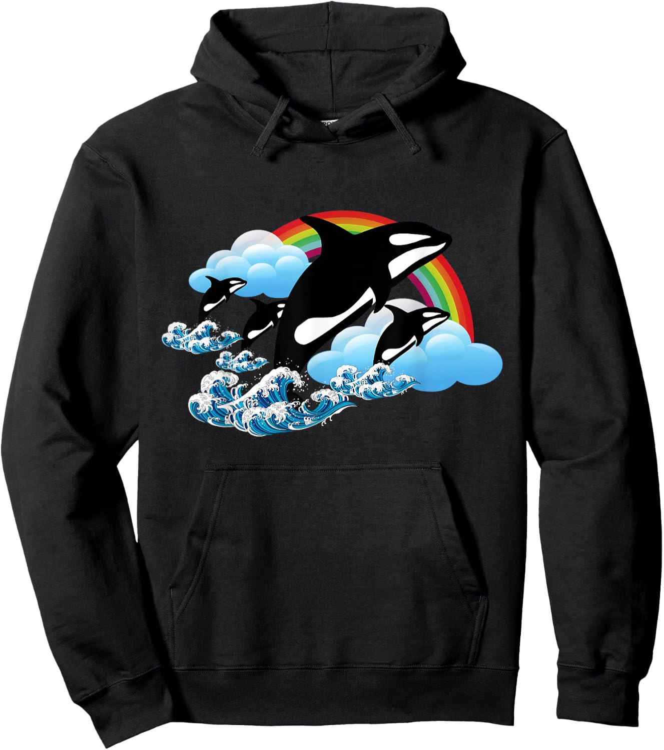 Killer Orca Whale Family Jumping Over Rainbow - Funny Hoodie - Hoodie | Black