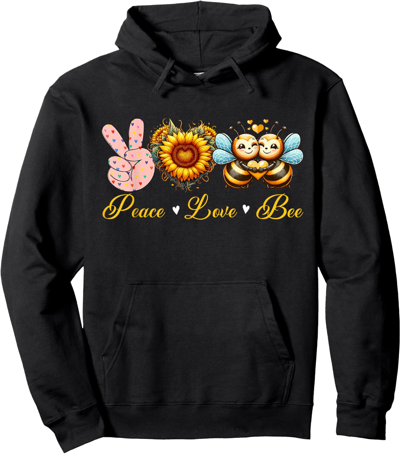 Peace Love Bee Insects Sunflowers Peace Hand Sign Heart Hoodie - Hoodie | Black