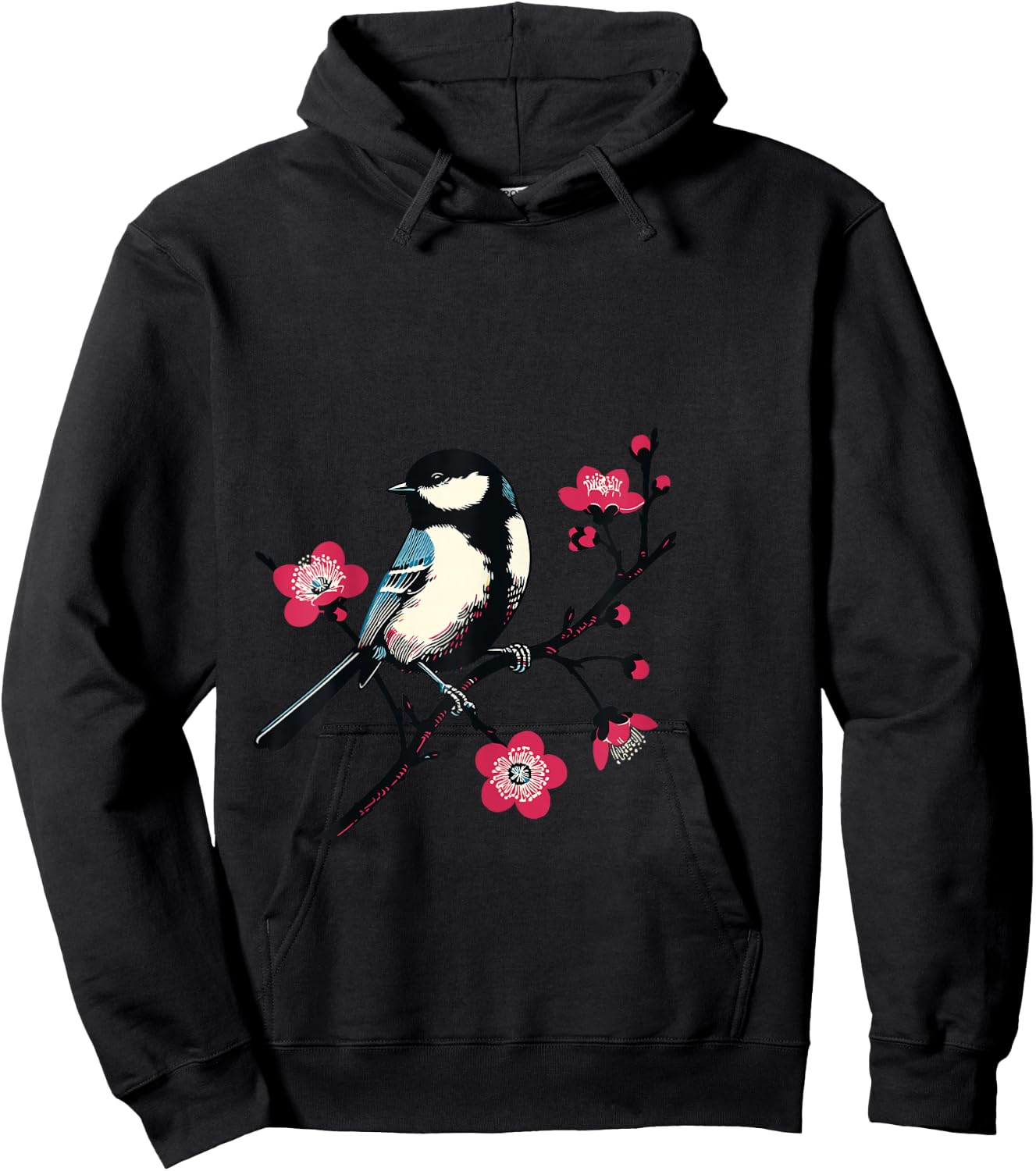 Bird on Branch with Flowers Nature Art for Bird Lovers , Blue, S Hoodie - Hoodie | Black