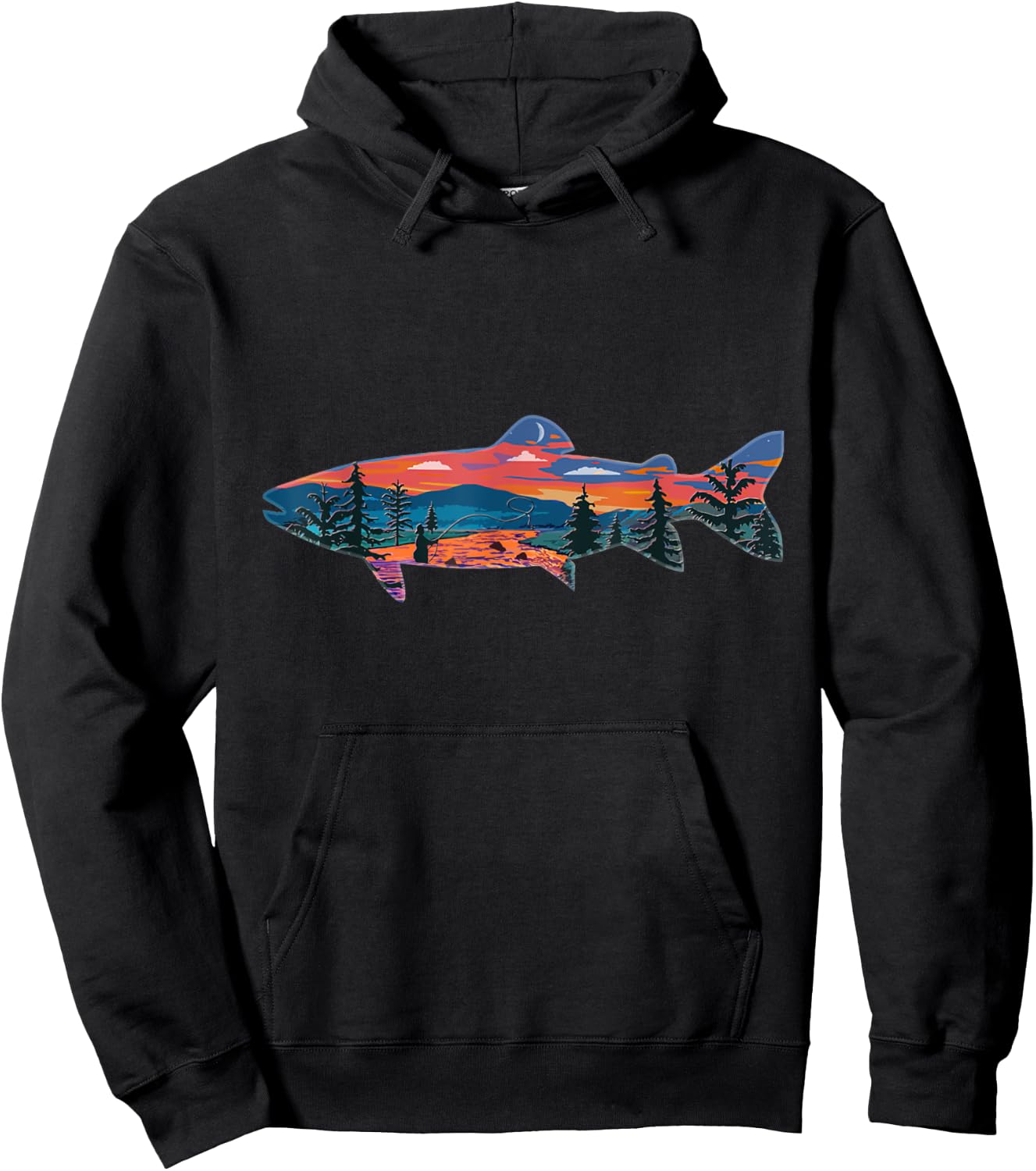 Trout Silhouette Fly Fishing Mountain Sunset River Stream Hoodie - Hoodie | Black