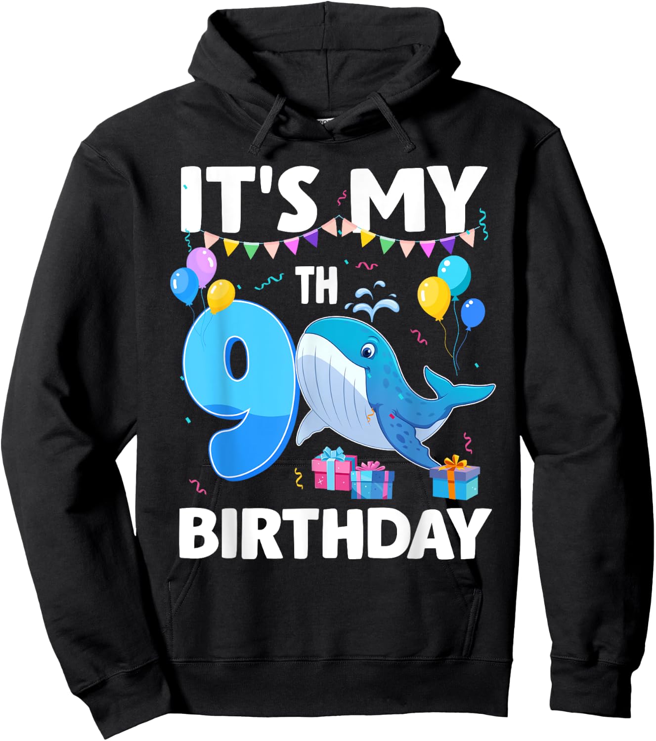 It's My 9th Birthday Whale Theme 9 Year Old Bday Party Hoodie - Hoodie | Black