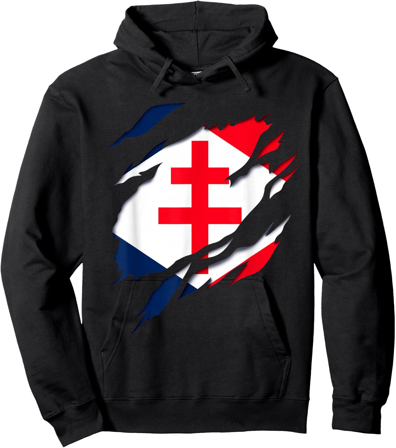 Gaullism Flag Cross of Lorraine Torn 3D Effect France , Black, S Hoodie - Hoodie | Black