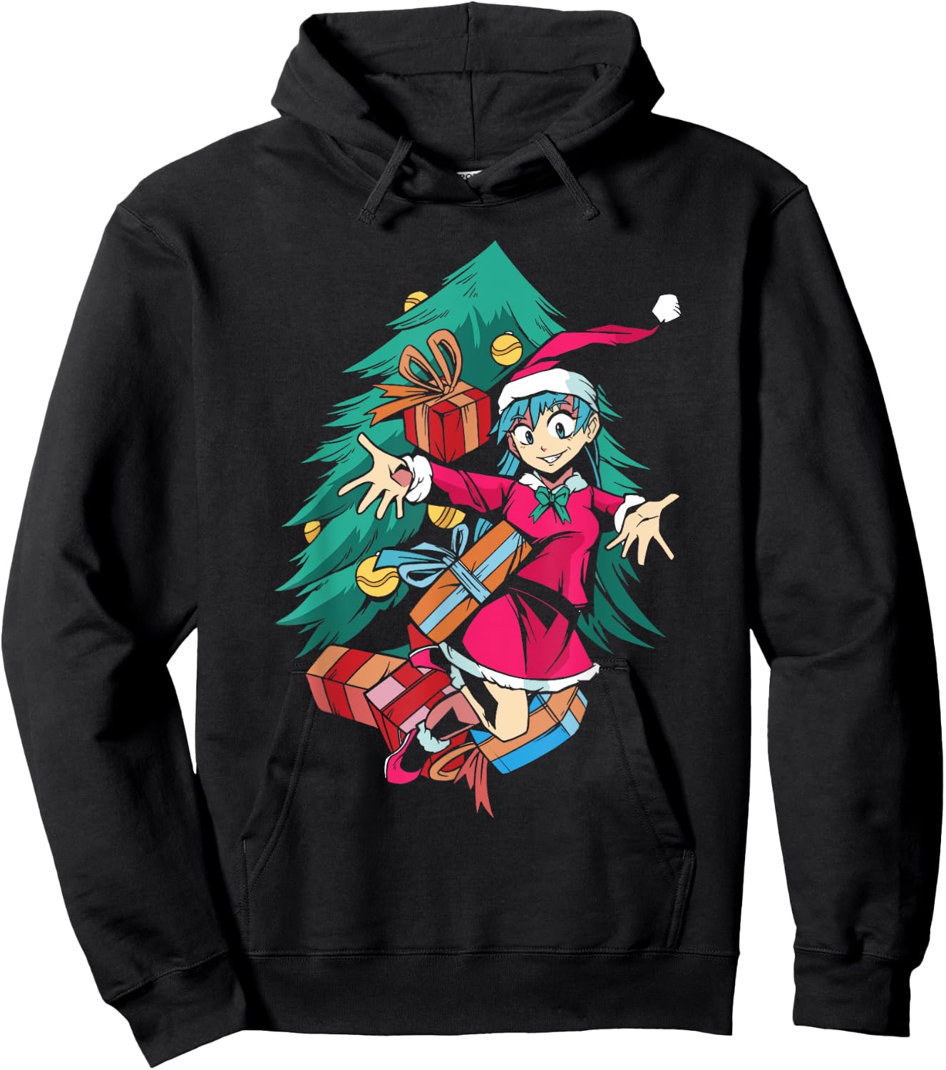 Anime Girl Santa Hat Christmas Pajama Cute Kawaii Xmas Otaku Hoodie - Hoodie | Black
