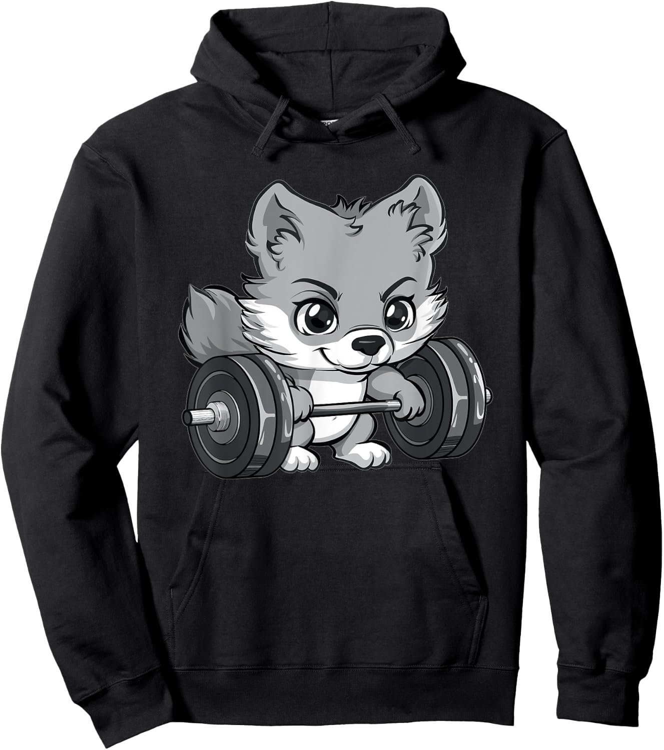 Cute Gray Wolf Weightlifting Hoodie - Hoodie | Black