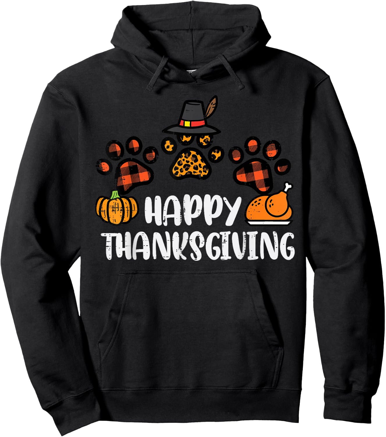 Happy Thanksgiving Dog Cat Paws Turkey Day Women Kids Men Hoodie - Hoodie | Black