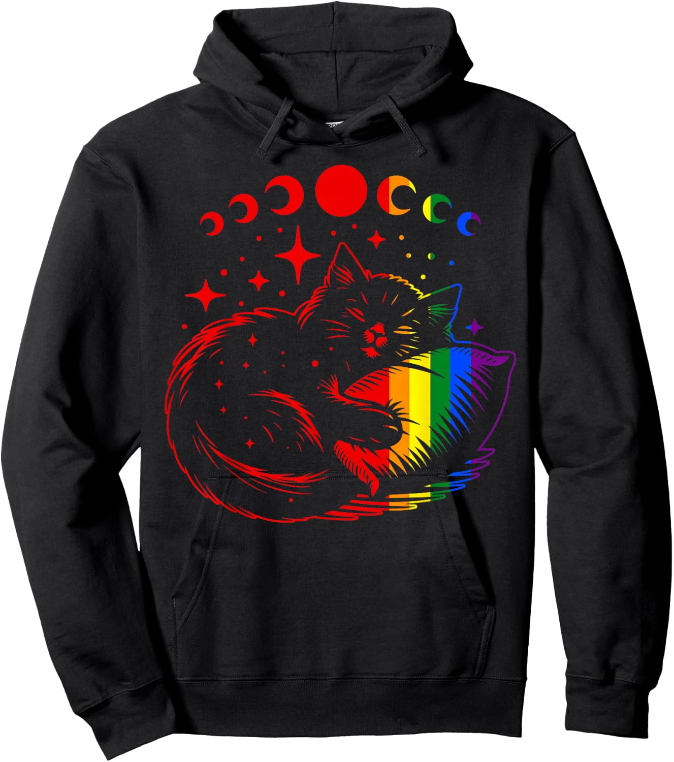 Rainbow Cat Sleeping with Moon Phases and Stars Gay Pride Hoodie - Hoodie | Black
