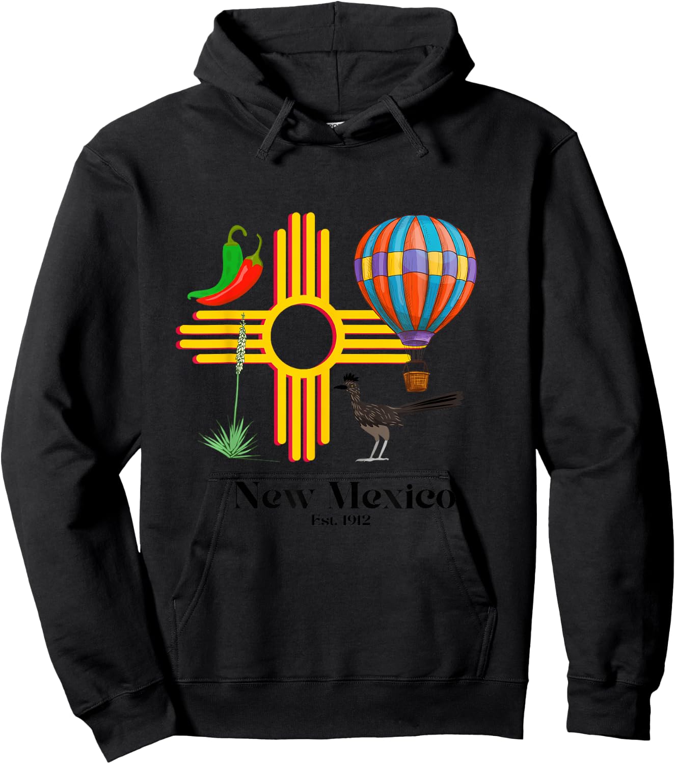 New Mexico Zia: Chiles, Balloon, Roadrunner, Yucca Est. 1912 Hoodie - Hoodie | Black