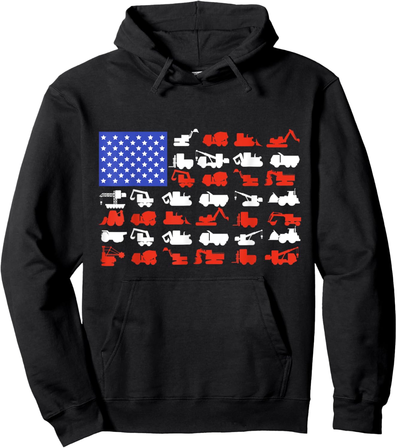 Construction Vehicles USA American Flag Excavator Trucks Hoodie - Hoodie | Black