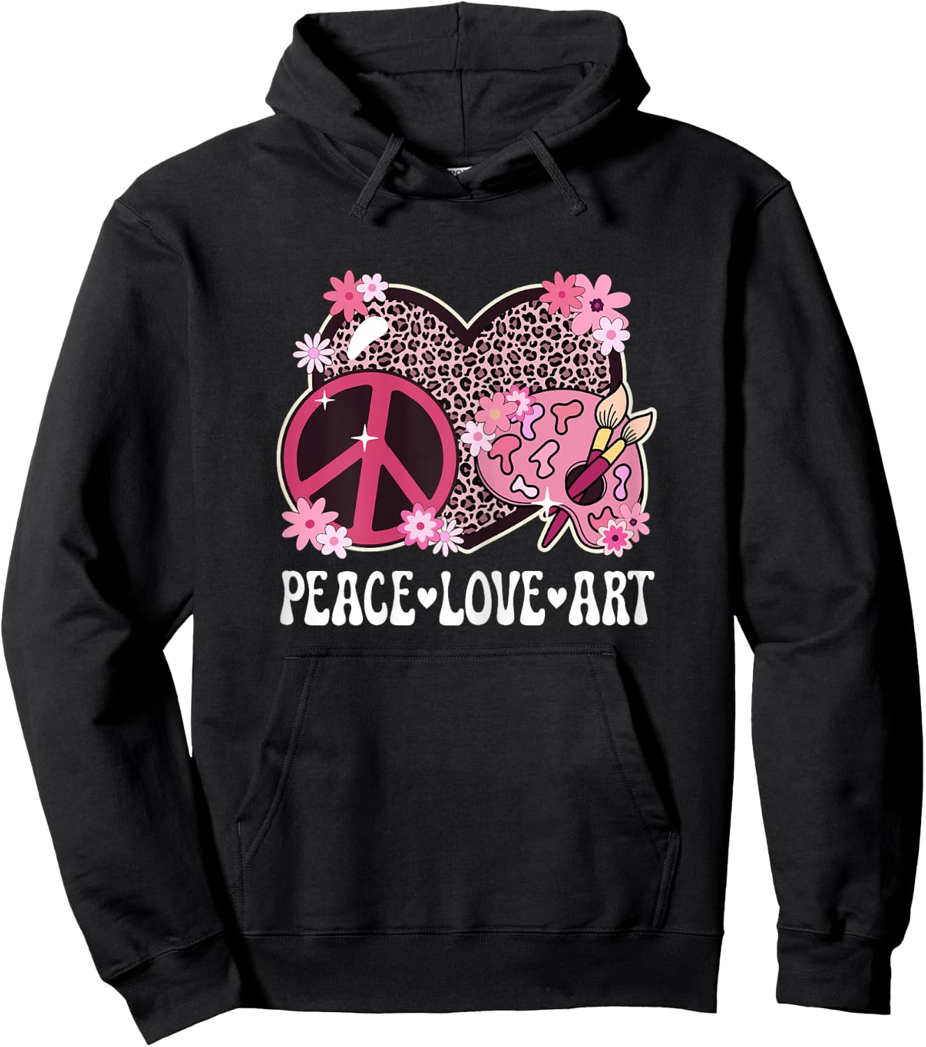 Peace Love Art Lover Artist Leopard Print Women Art Teacher Hoodie - Hoodie | Black
