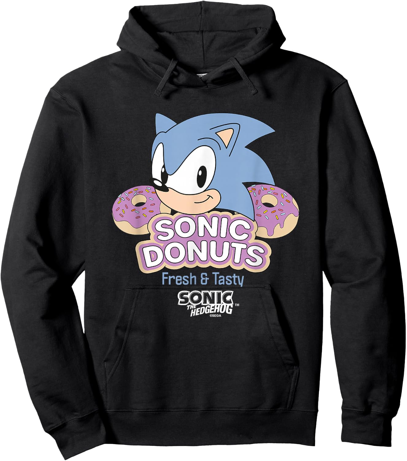 Sonic The Hedgehog Sonic Donuts Fresh & Tasty Vintage Ad Hoodie - Hoodie | Black