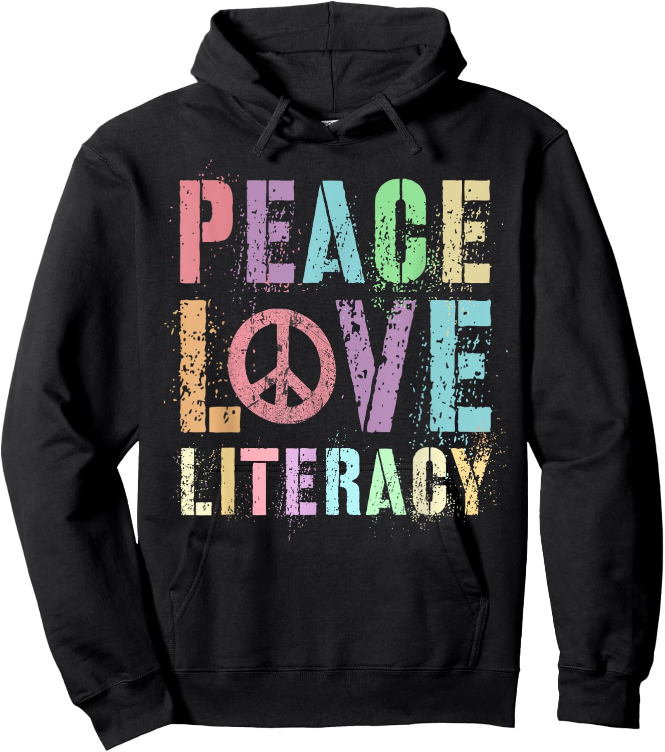 Groovy PEACE LOVE LITERACY Teacher Library Reading Preschool Men Women Girls Kids Hoodie - Hoodie | Black