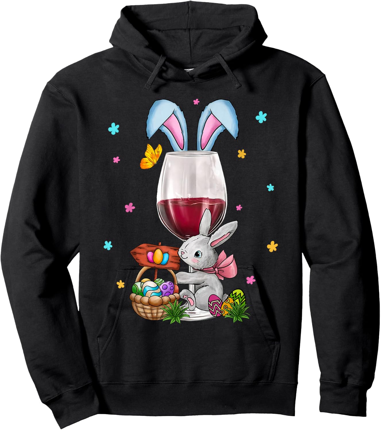 Cute Easter Wine Glasses Bunny Ears Drink Up Women Men Hoodie - Hoodie | Black