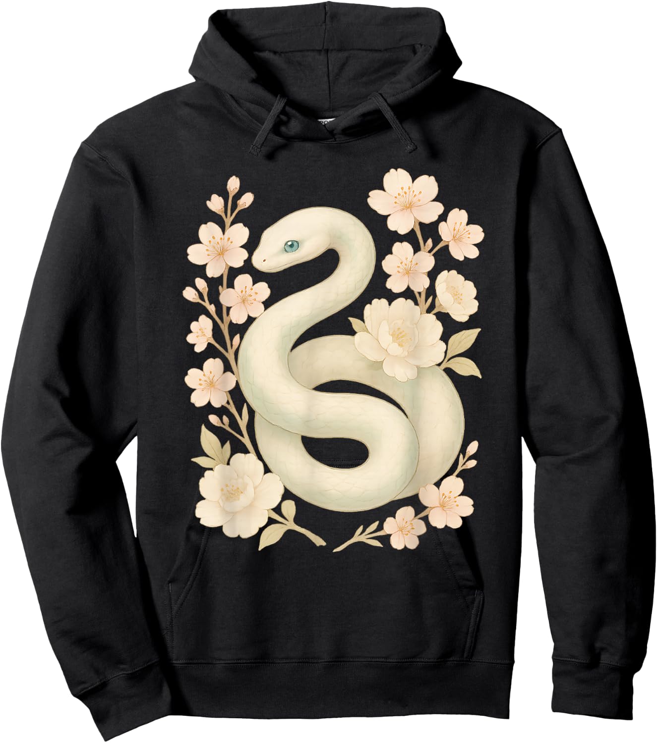 Elegant White Mint Snake with Peony Cherry Blossom Flowers Hoodie - Hoodie | Black