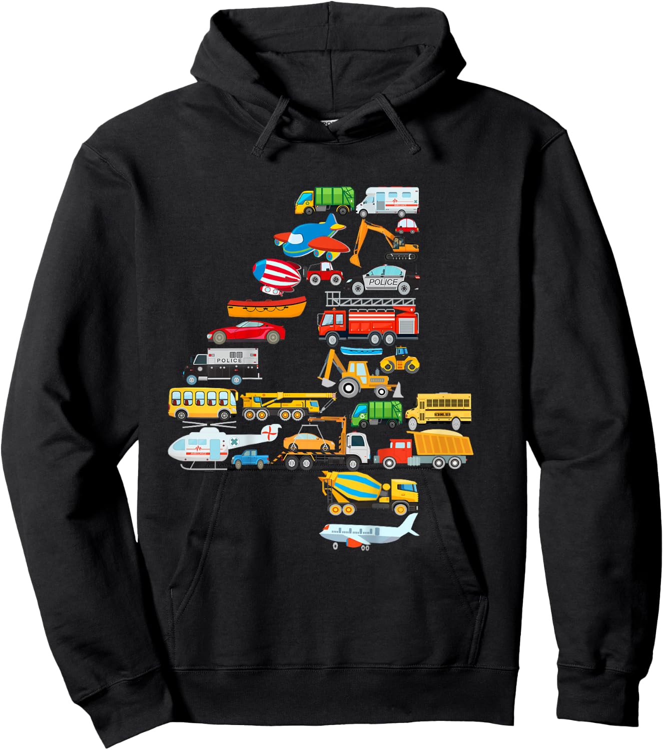 Kids 4th Birthday For Boys Cars Vehicles Fire Truck Airplane Hoodie - Hoodie | Black