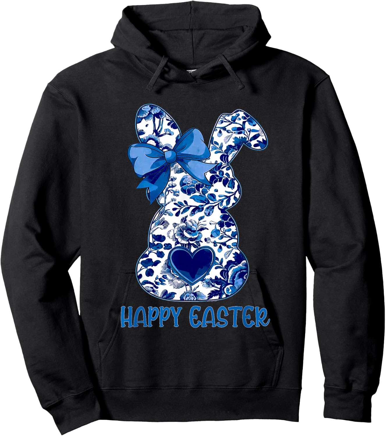 Easter Chinoiserie Floral Bunny With Cute Blue Bow Coquette Hoodie - Hoodie | Black