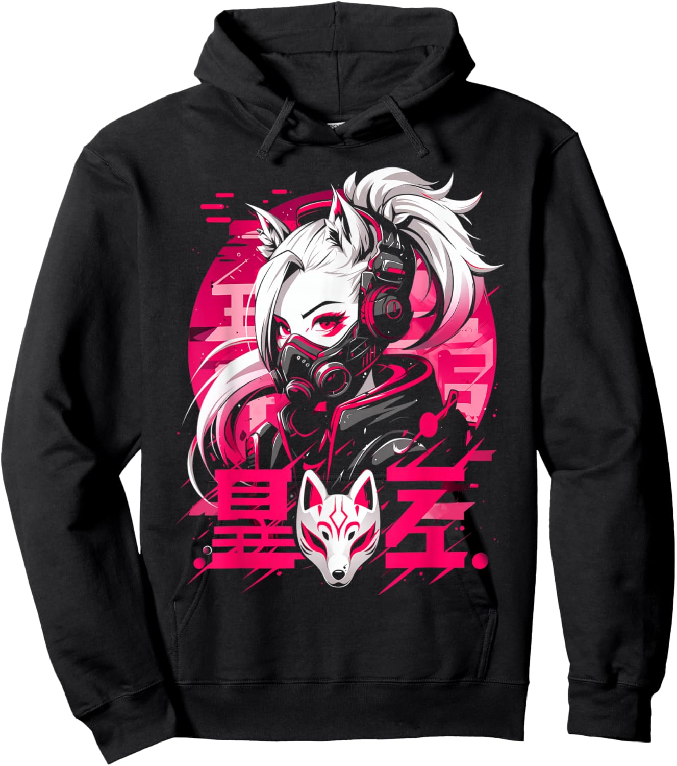 Anime Manga Cyberpunk Aesthetic Techwear Harajuku Kitsune , black Hoodie - Hoodie | Black