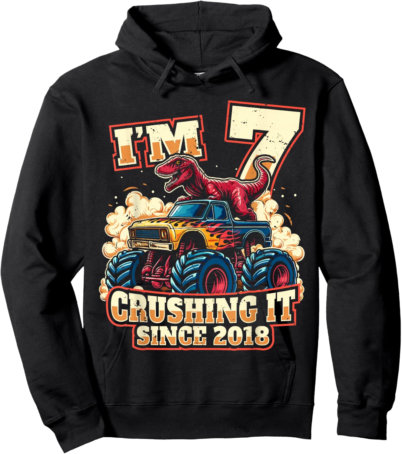 7 Year Old Boys 7th Birthday Dinosaur Monster Truck Party Hoodie - Hoodie | Black