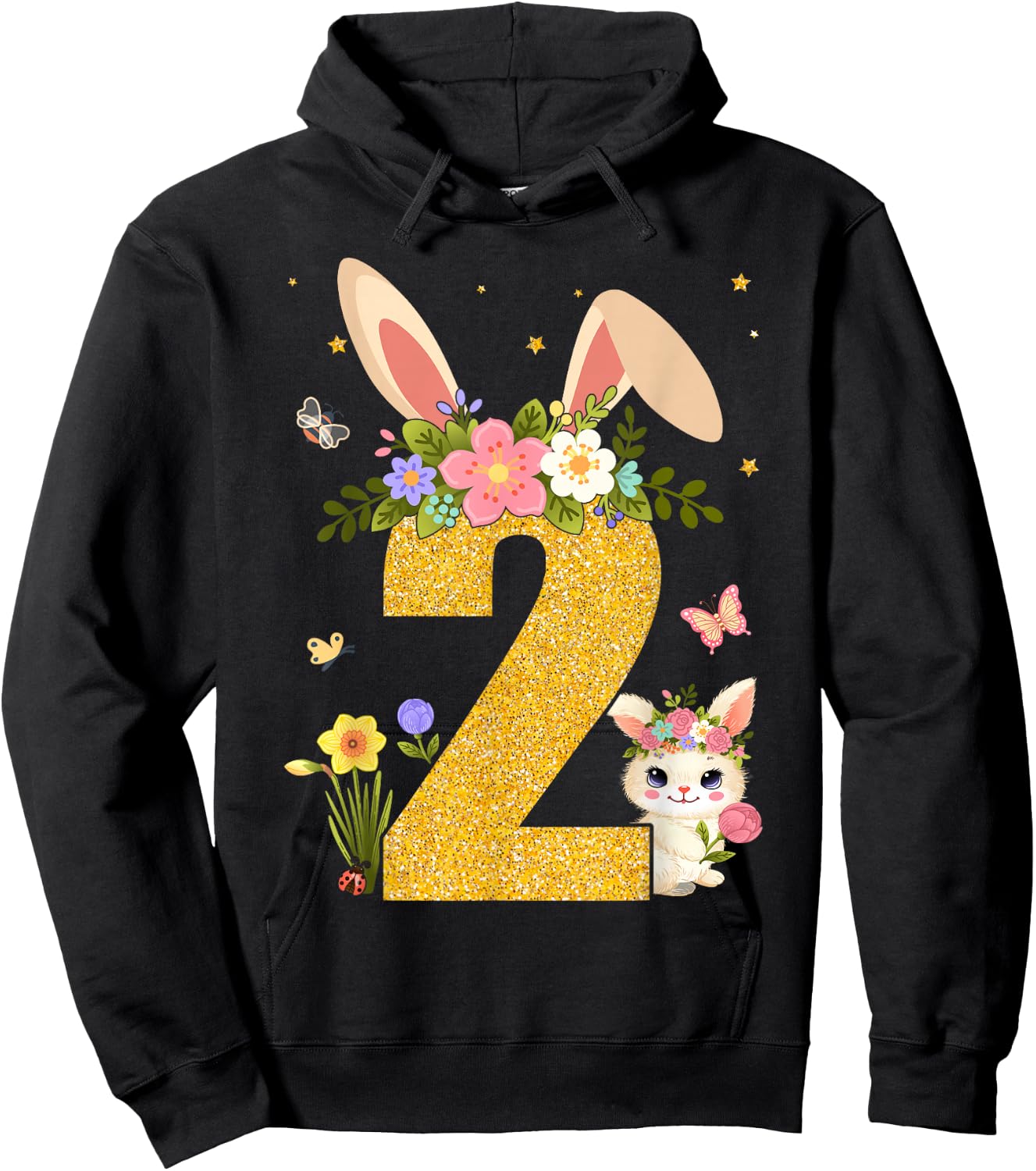 2nd Birthday Rabbit Two Year Old Sweet Baby Bunny Ears Hoodie - Hoodie | Black
