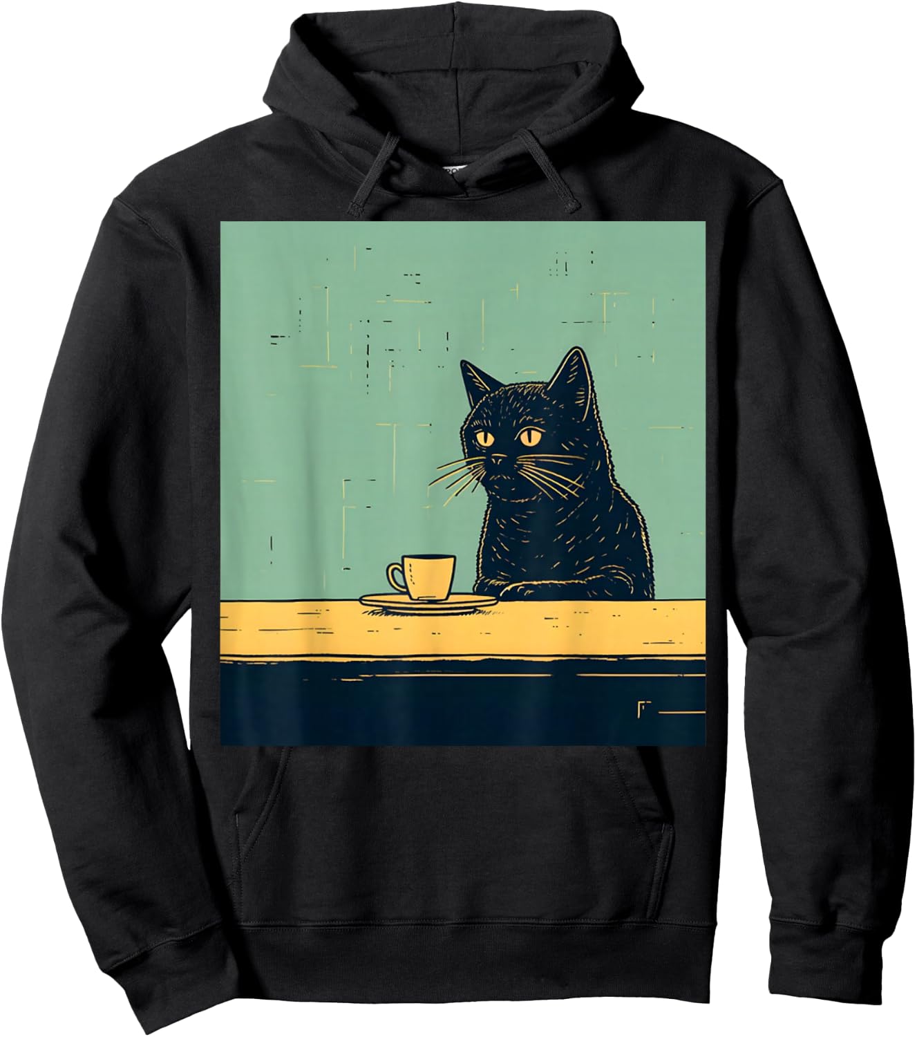 Funny Black Cat Chilling with Coffee Retro Vintage Hoodie - Hoodie | Black