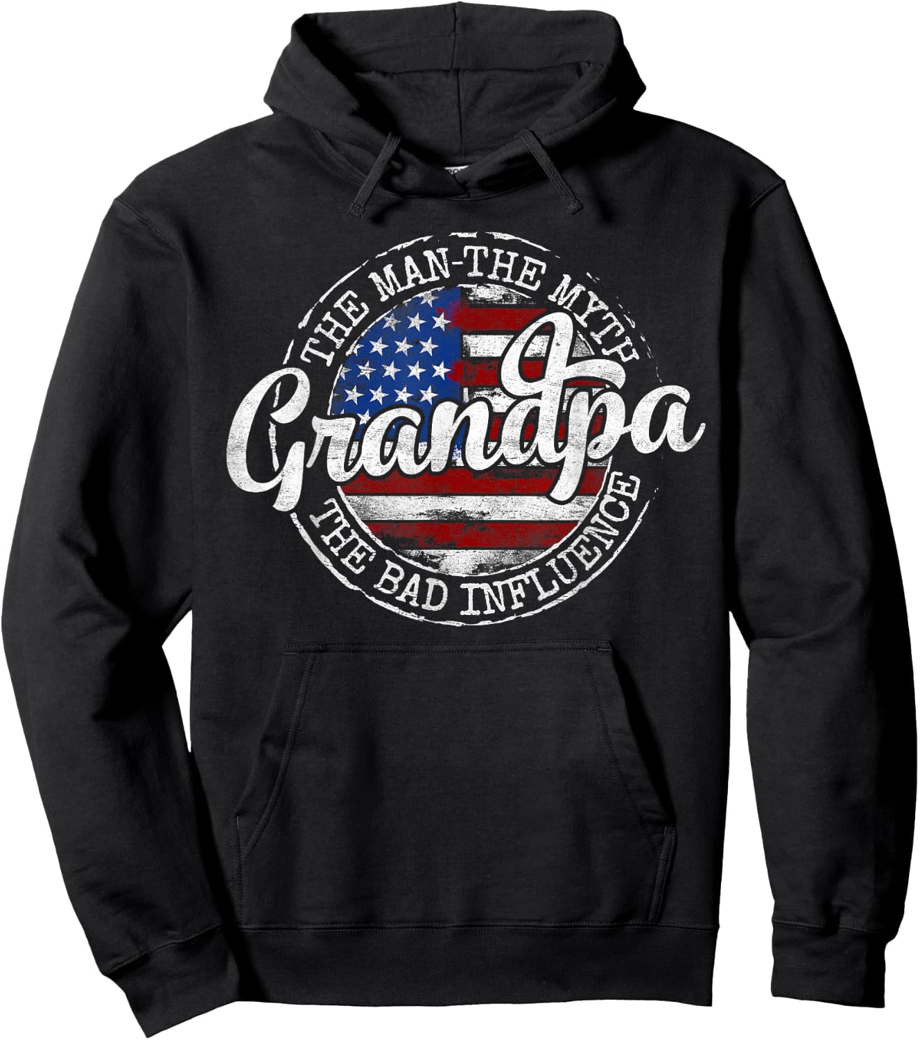 Grandpa Man Myth Bad Influence USA Flag Stamp Fathers Day Hoodie - Hoodie | Black