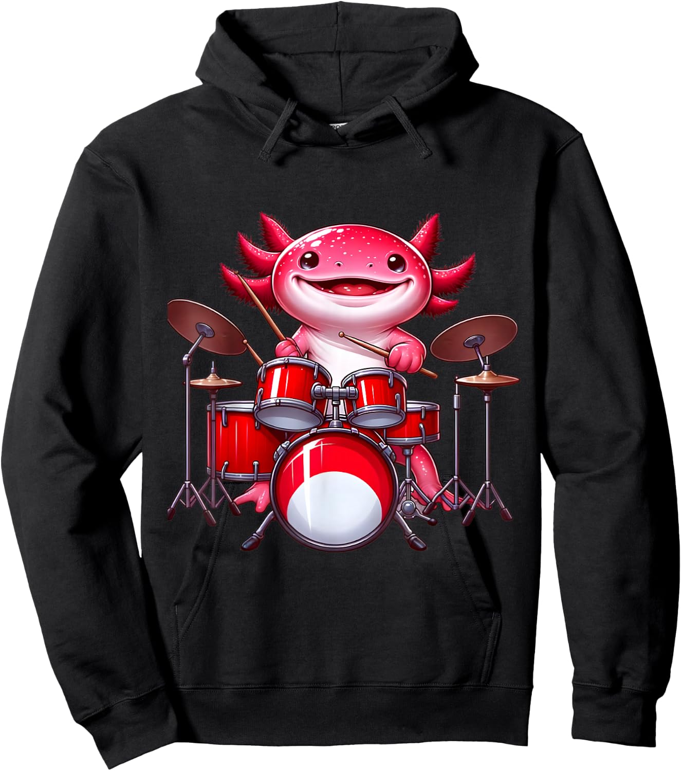 Axolotl Playing Drum Set Percussionist Drummer Hoodie - Hoodie | Black
