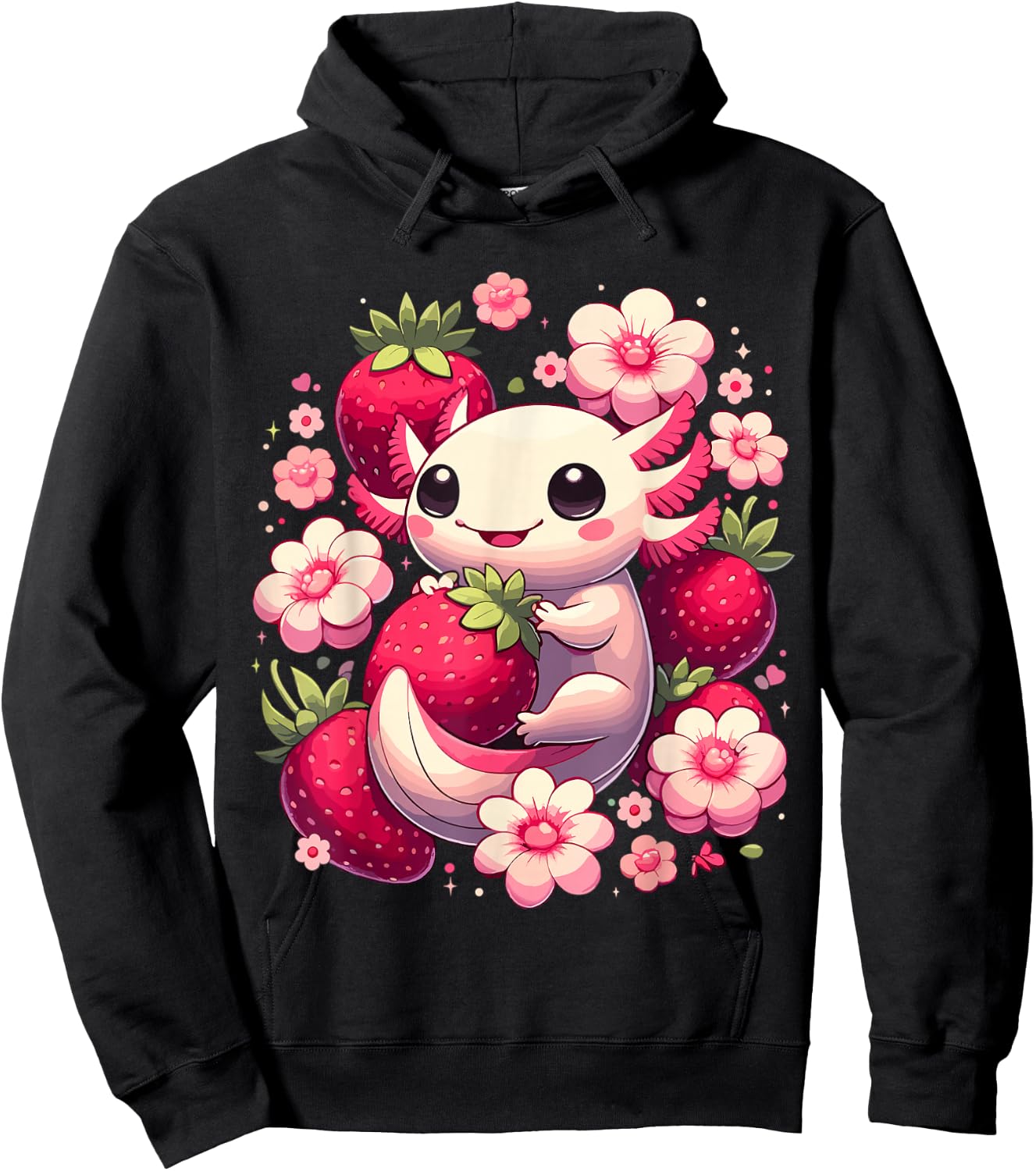 Cute Axolotl Kawaii Anime Axolotl Strawberry , Black, S Hoodie - Hoodie | Black