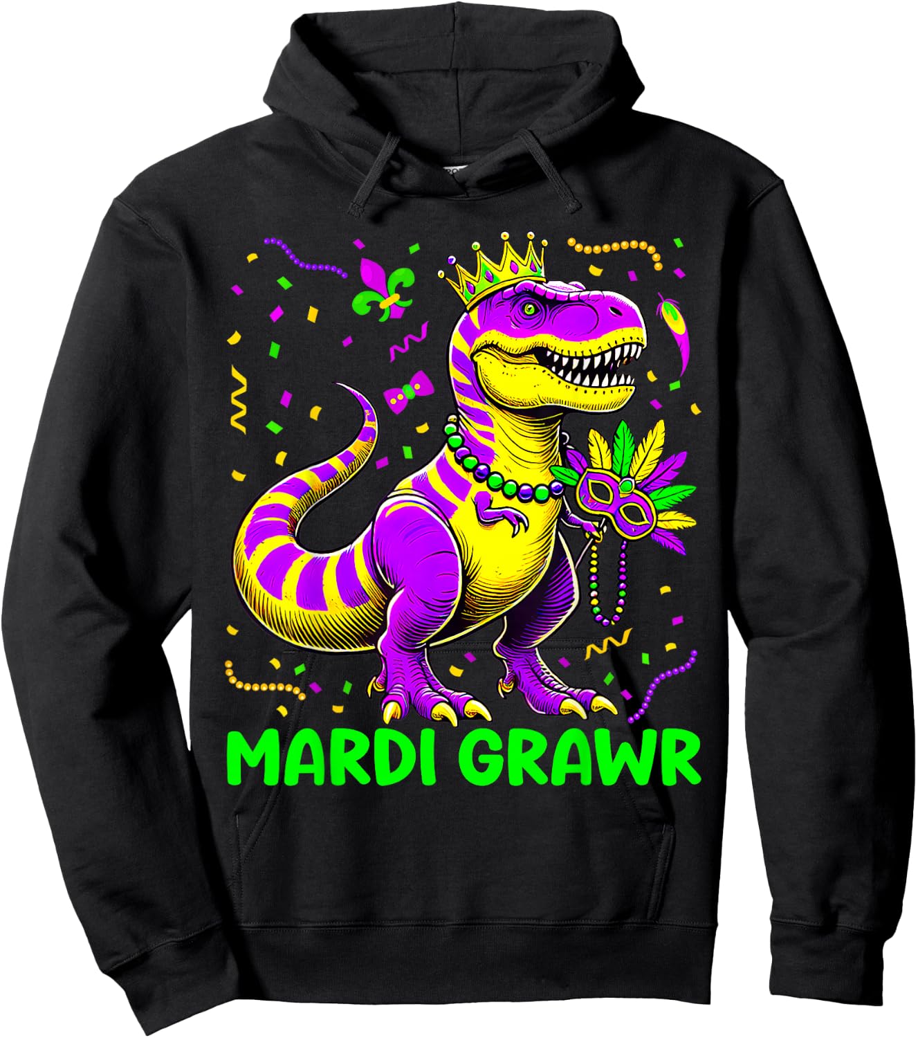 Mardi Grawr T-Rex Dino Toddler Kids Mardi Gras Boys Hoodie - Hoodie | Black