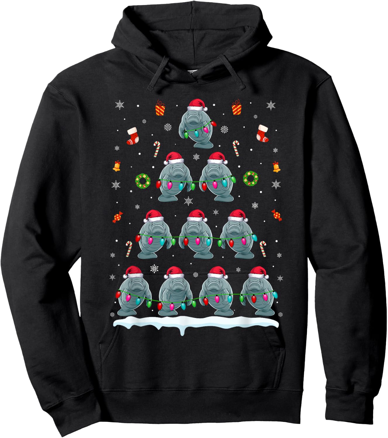 Manatee Christmas Tree Lights Women Manatee Xmas Hoodie - Hoodie | Black