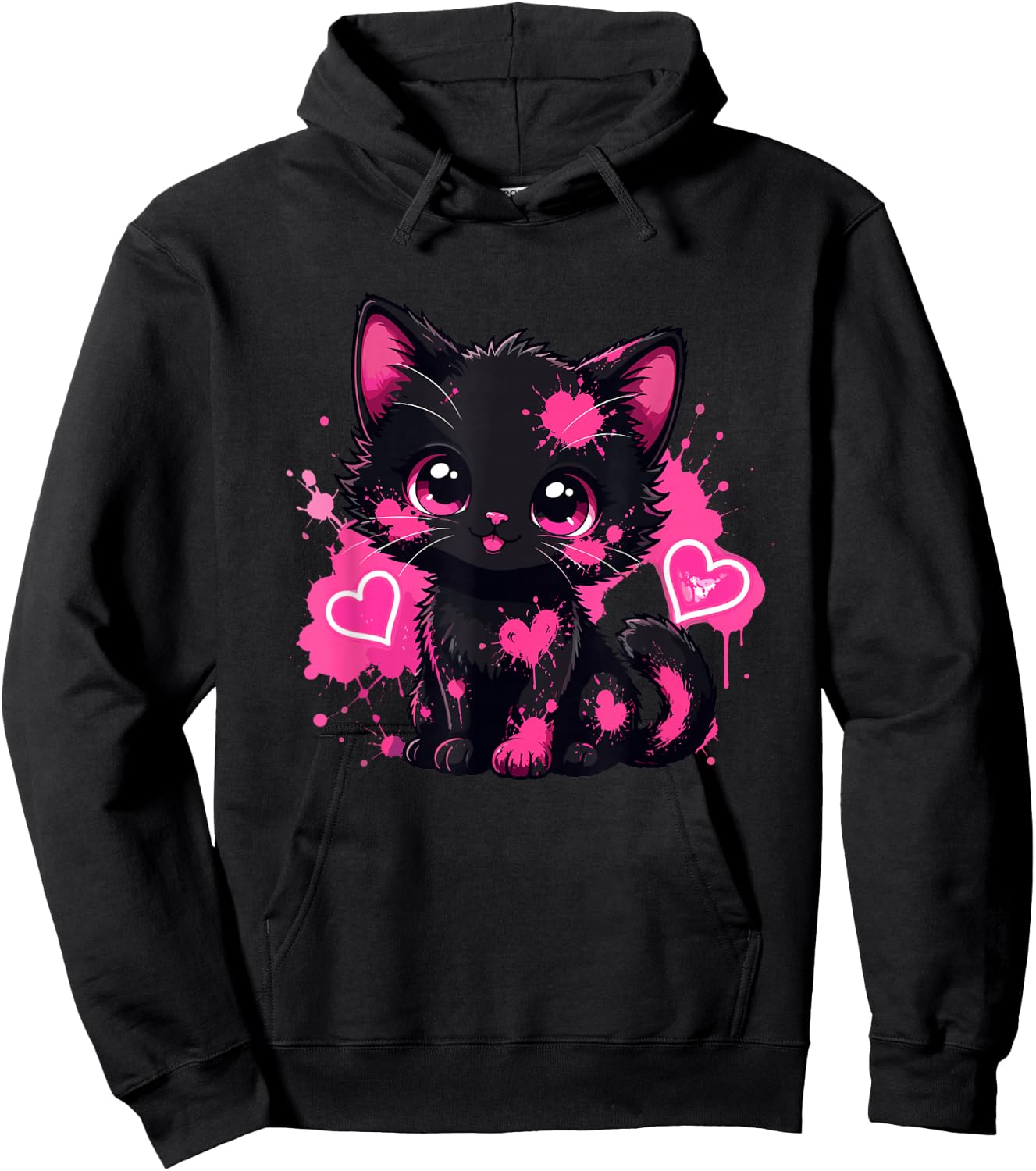 Kawaii Black Kitten Pink Paint Heart Lover Hoodie - Hoodie | Black