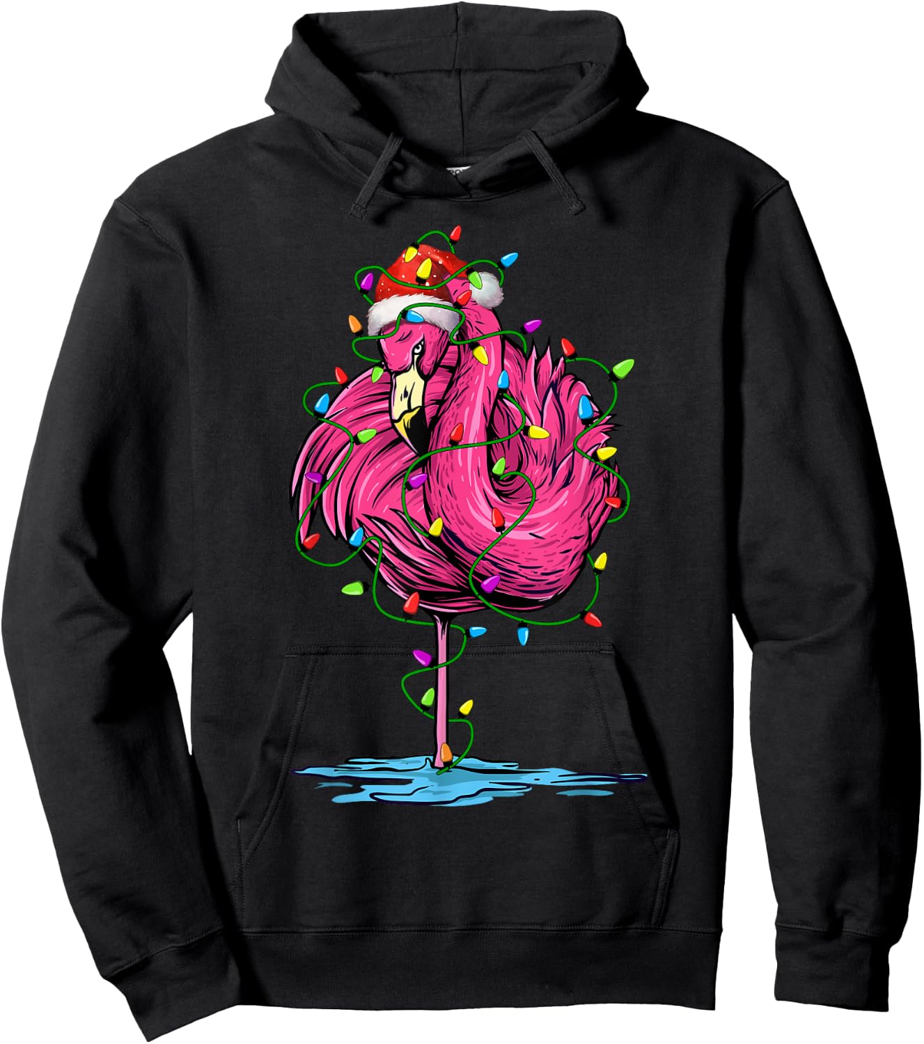 Flamingo Santa Christmas Tree Lighting Xmas Funny Hoodie - Hoodie | Black