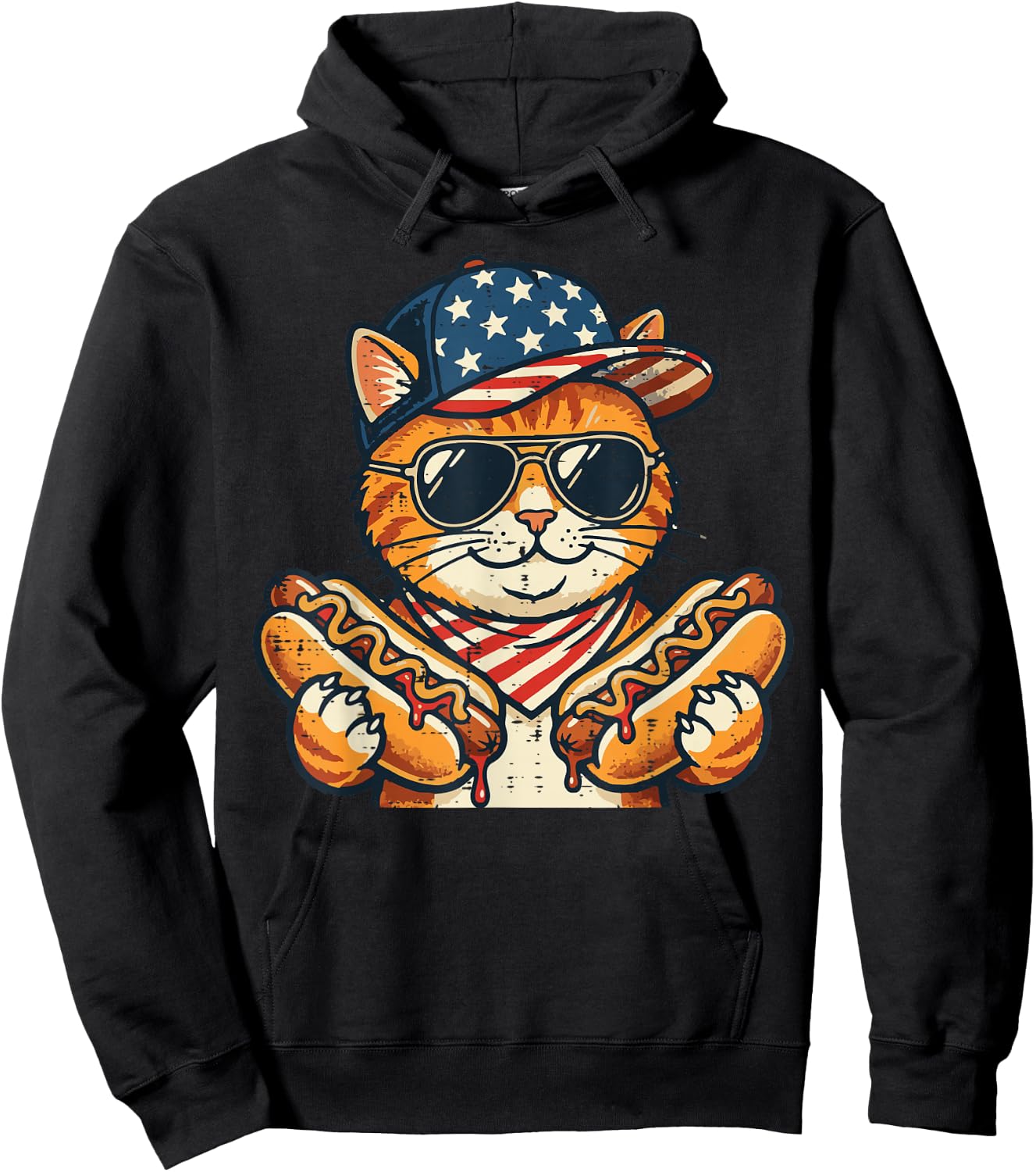 4th of July Cat Hotdog US Flag Cap Patriotic Men Women Kids Hoodie - Hoodie | Black
