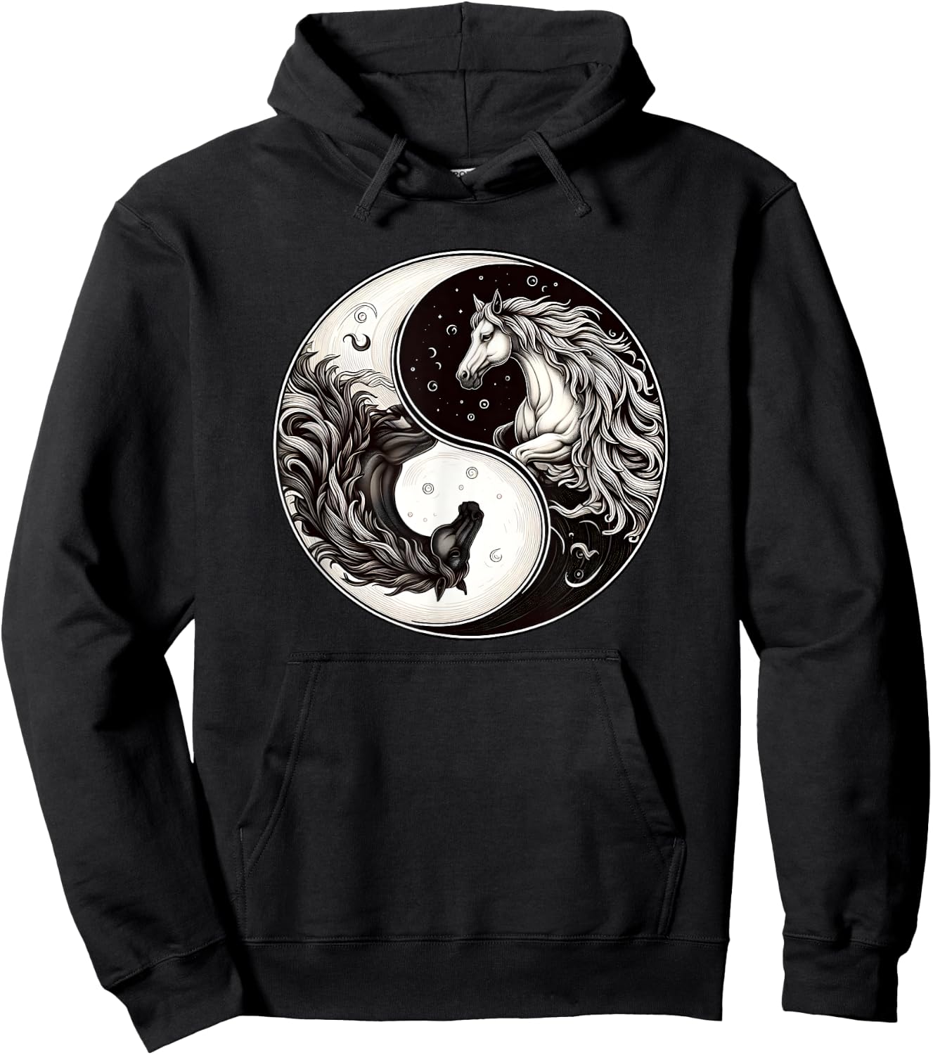 Yin Yang Asian Culture Horses Moon Hoodie - Hoodie | Black