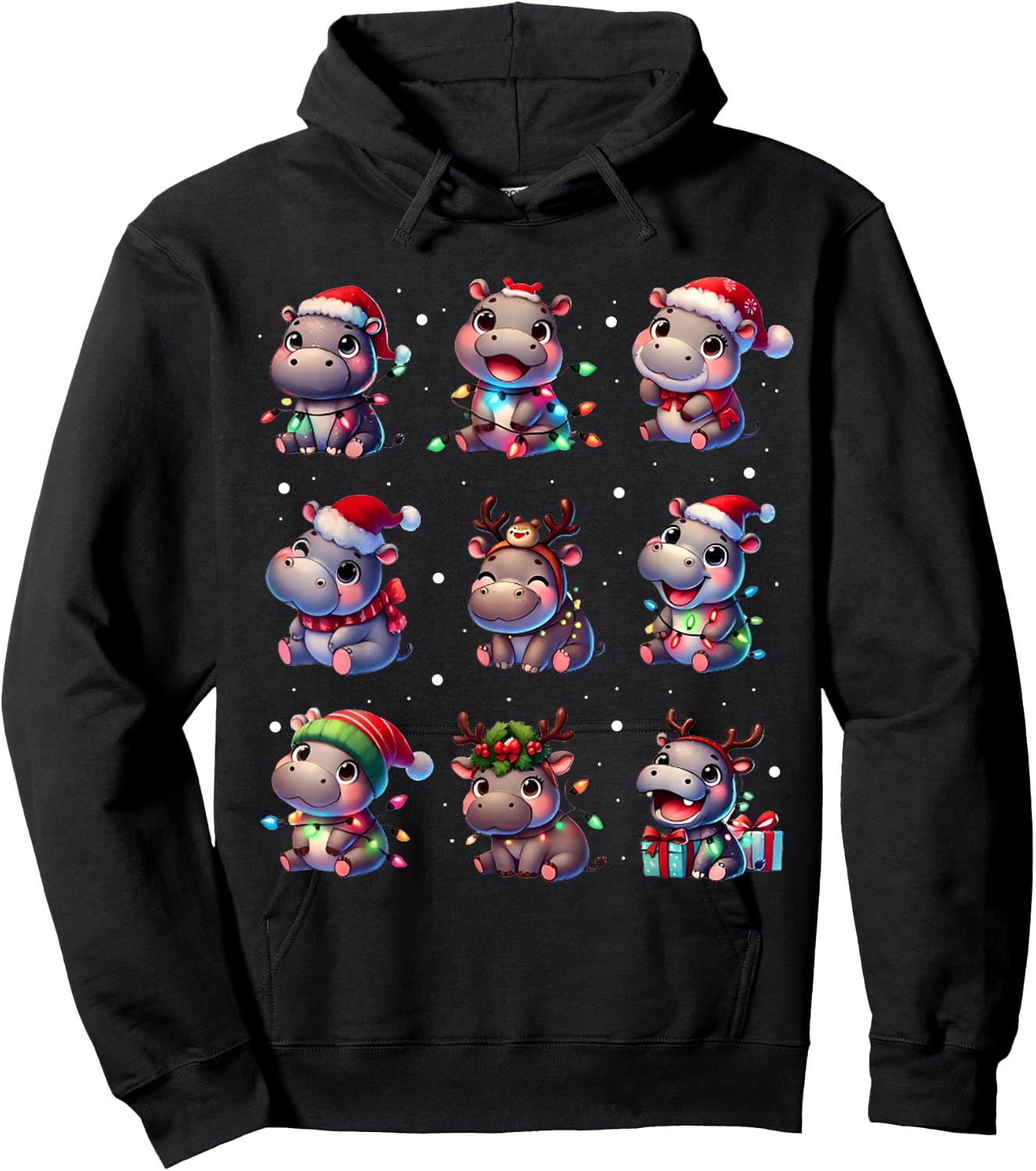 Cute Hippo in Christmas Lights Funny Xmas Gifts Kid Women PJ Hoodie - Hoodie | Black