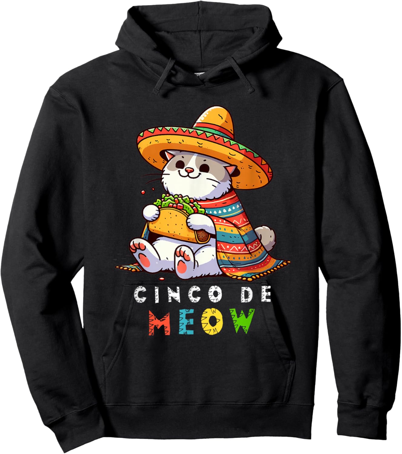 Cinco De Meow with Smiling Cat Taco and Sombrero Men Women Kids Hoodie - Hoodie | Black