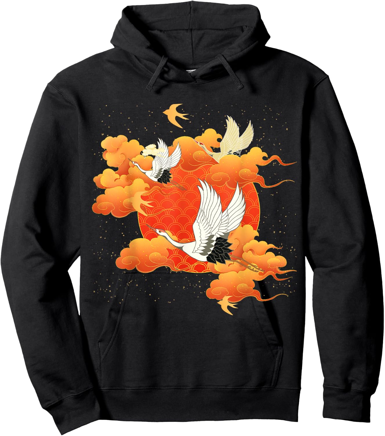 Flying Crane Bird Red Clouds and Sun Japanese Chinese Art Hoodie - Hoodie | Black