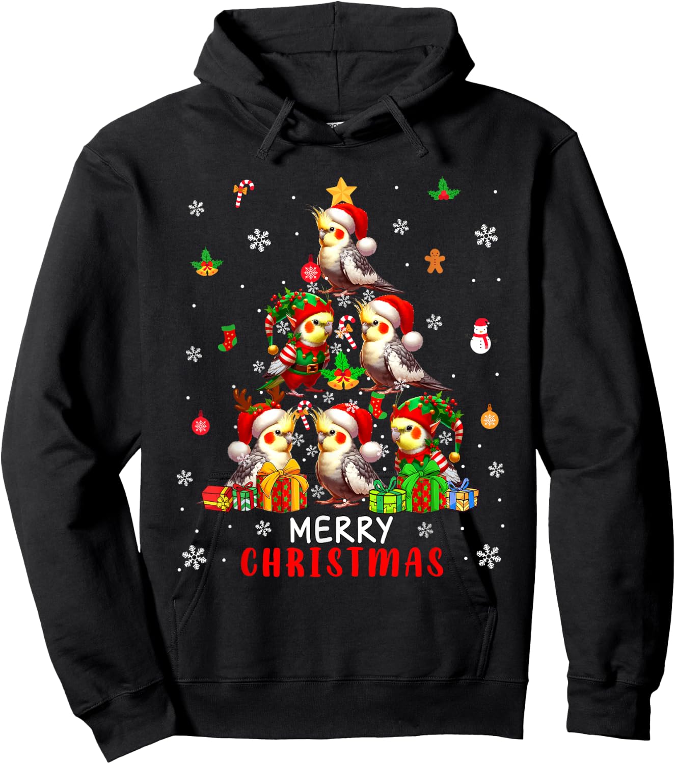 Merry Christmas Group Santa Elf Cockatiels As Xmas Tree Bird Hoodie - Hoodie | Black