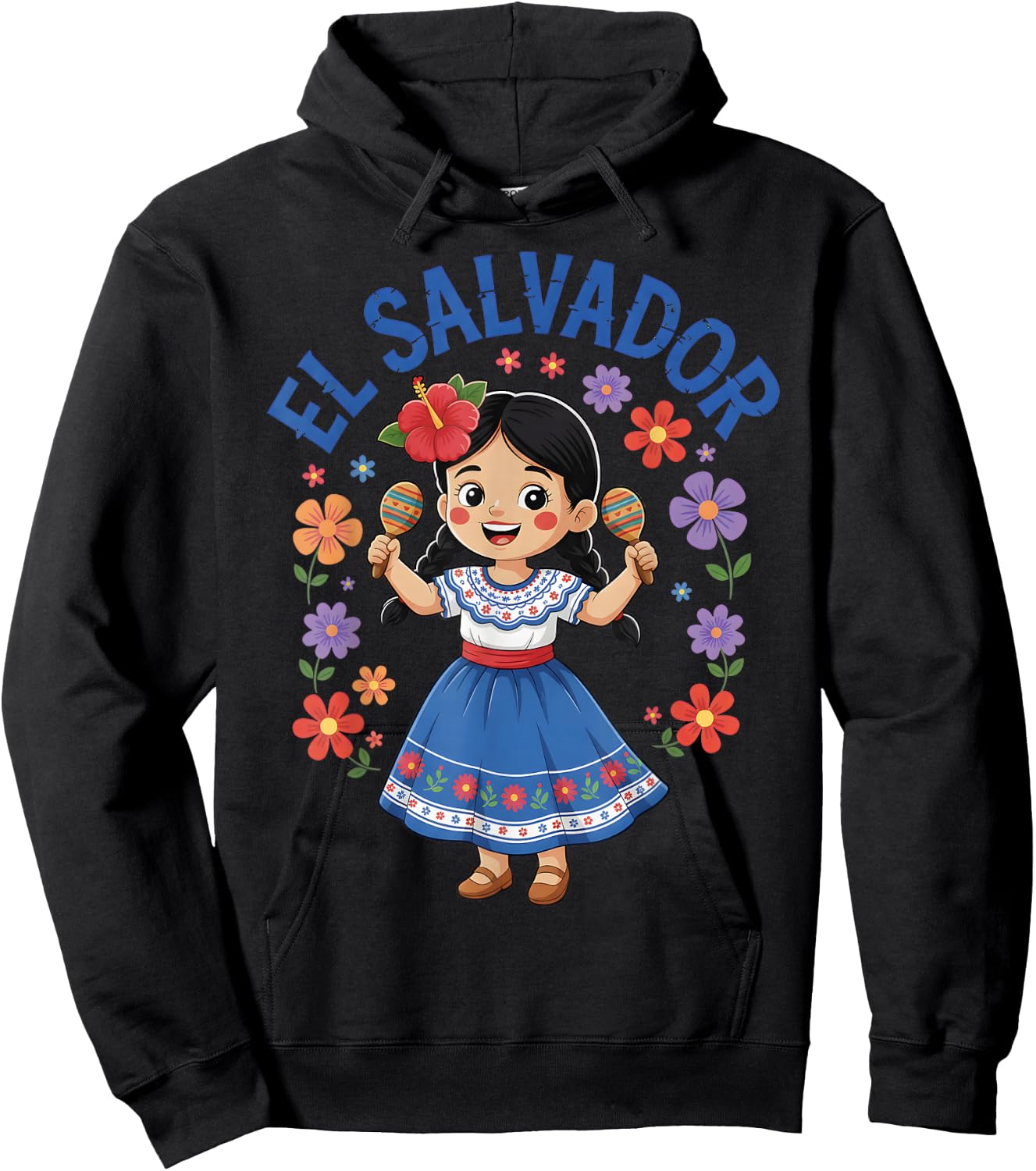 El Salvador Girl Maracas Traditional Dress Flowers Hoodie - Hoodie | Black