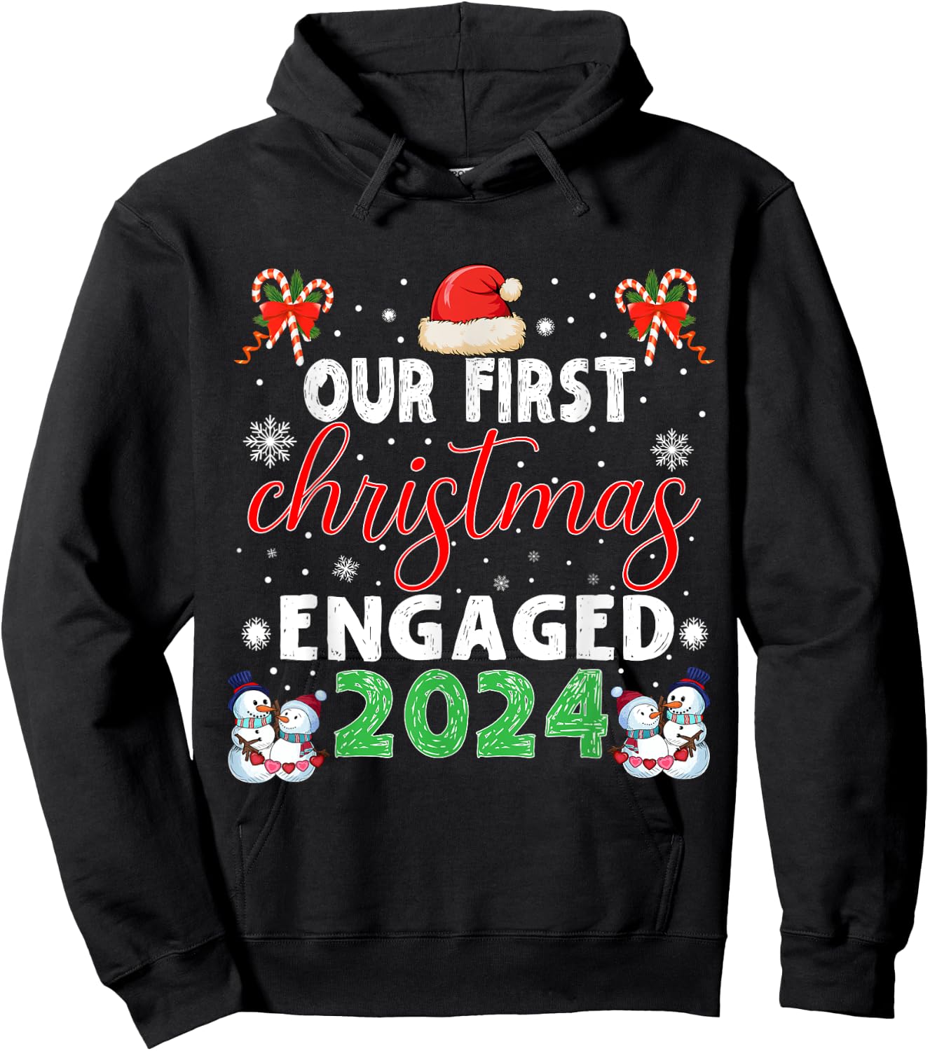 Christmas Couple Our First Christmas Engaged 2024 Funny Couple Xmas Pajamas Hoodie - Hoodie | Black