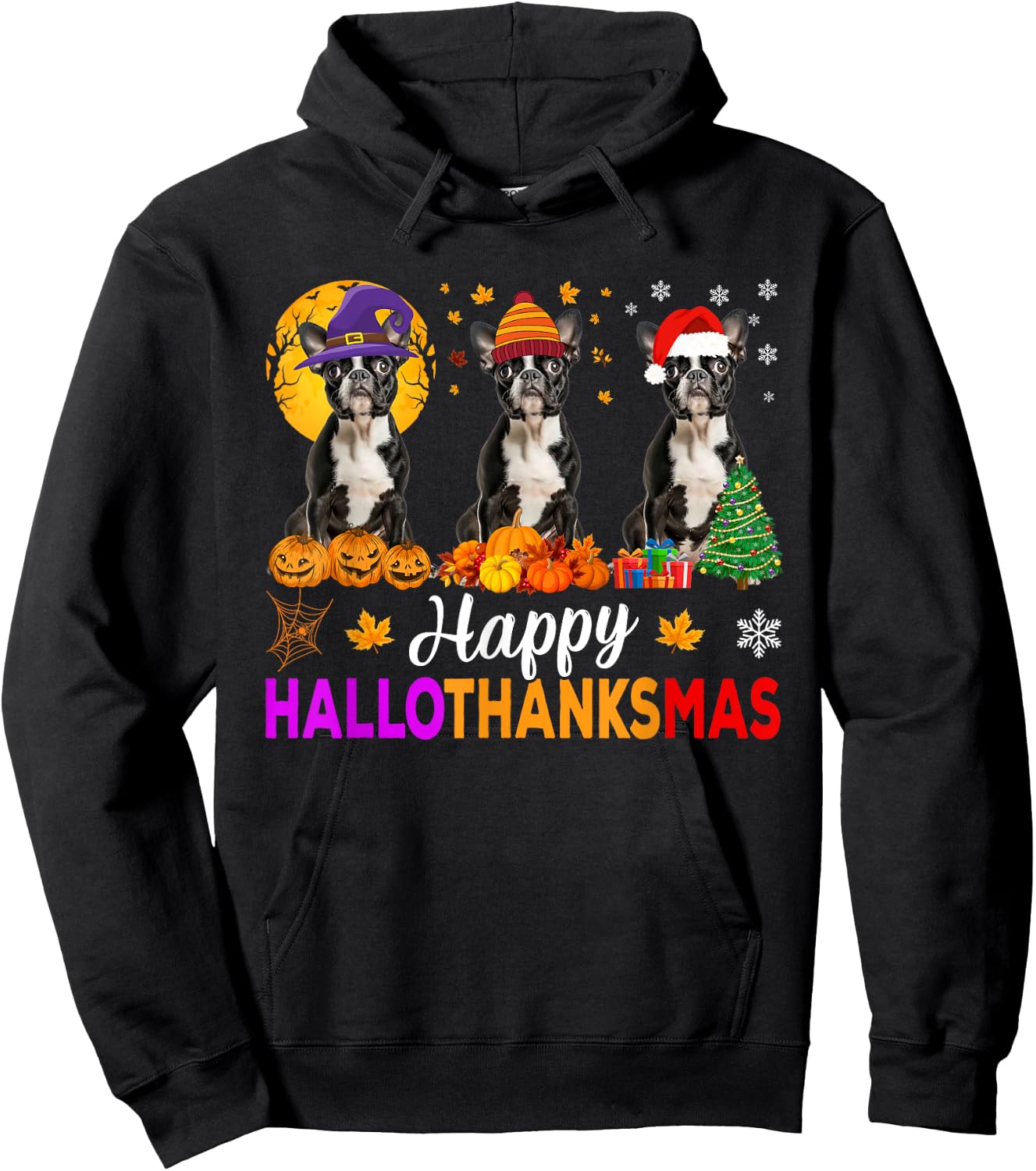 Boston Terrier Dog Halloween Christmas Hallothanksmas Men Women Kids Hoodie - Hoodie | Black